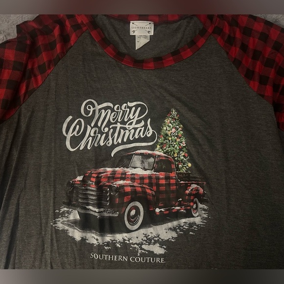 NWT SOUTHERN COUTURE, BUFFALO PLAID RAGLAN TEE CHRISTMAS TRUCK - Picture 3 of 6